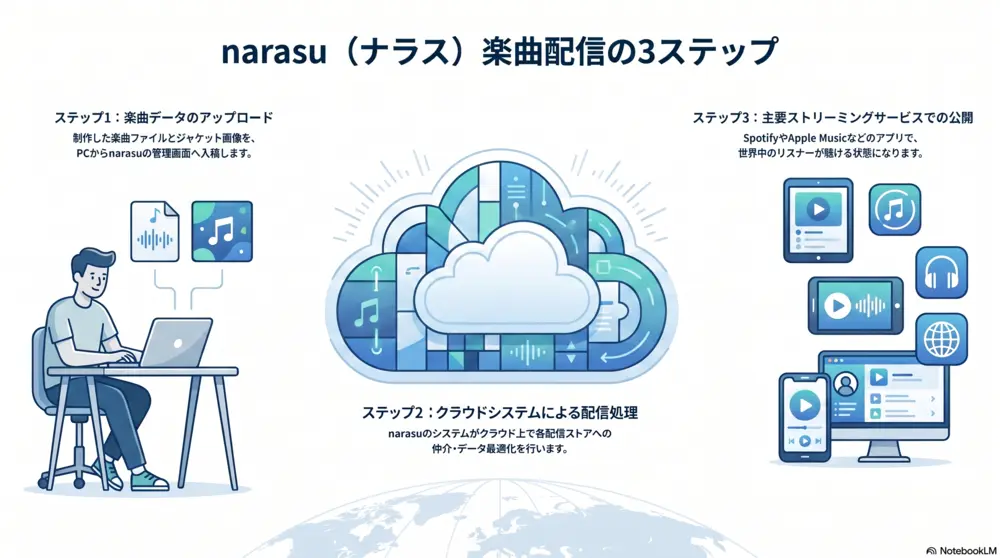 narasuとは？個人アーティスト向けの音楽配信代行サービス | narasu楽曲配信の３ステップ